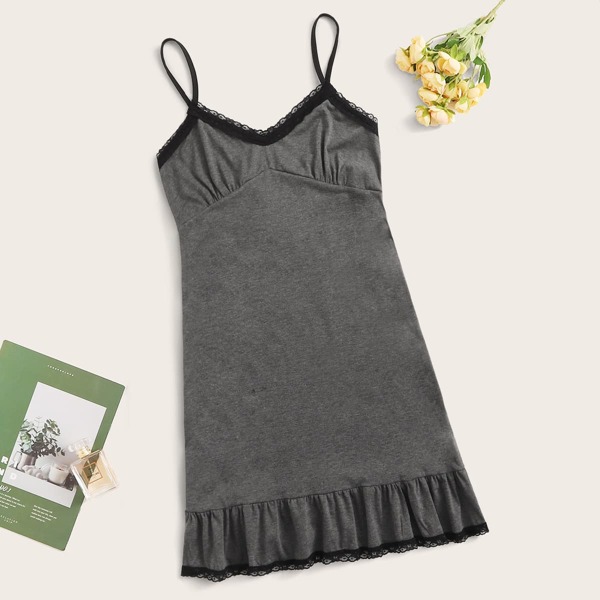 

Plus Ruffle Trim Cami Night Dress, Grey