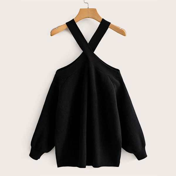 

Criss Cross Cold Shoulder Sweater, Black
