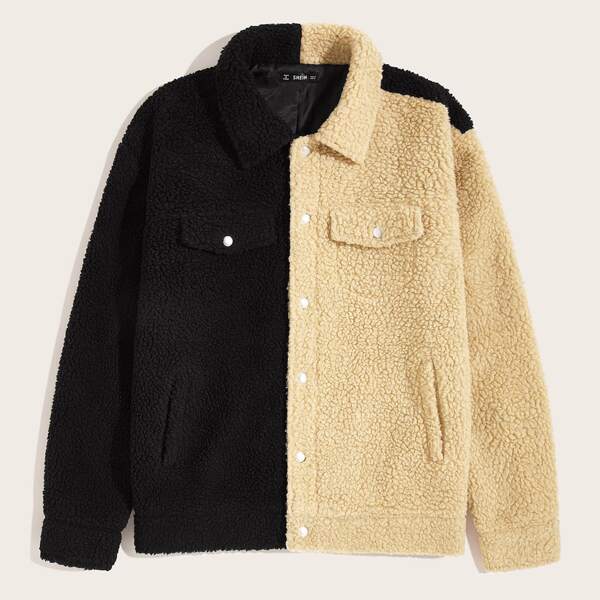 

Men Buttoned Front Two Tone Fleece Jacket, Multicolor