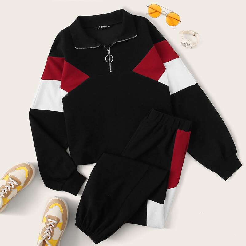

Zip Half Placket Colorblock Pullover & Sweatpants Set, Black