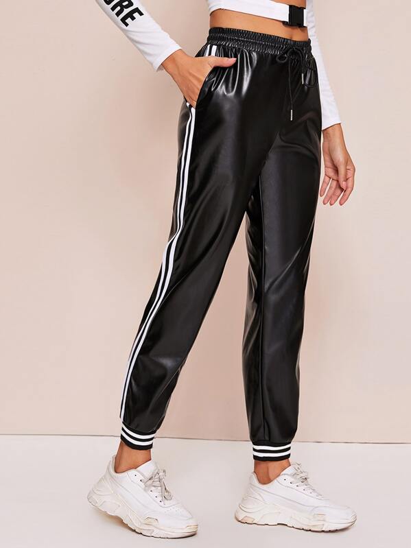 

Drawstring Waist Side Stripe PU Sweatpants, Black, Mary P.