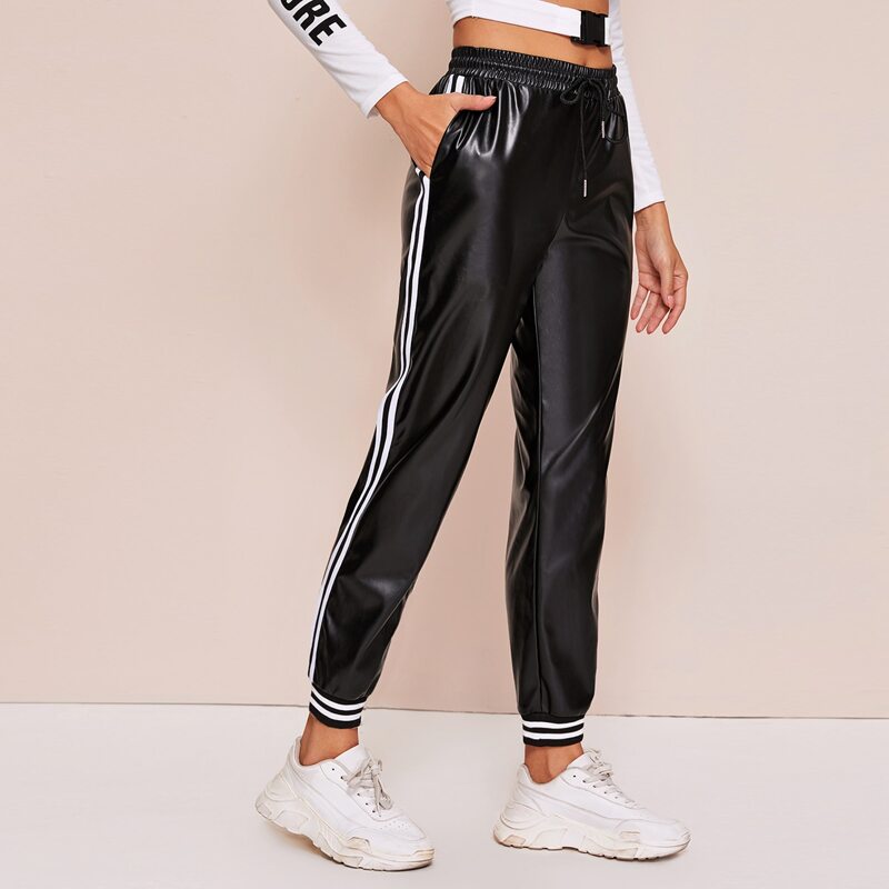 

Drawstring Waist Side Stripe PU Sweatpants, Black