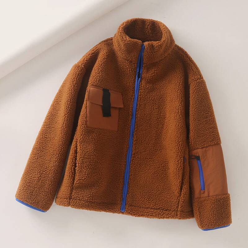 

Zip Up Contrast Binding Teddy Coat, Brown