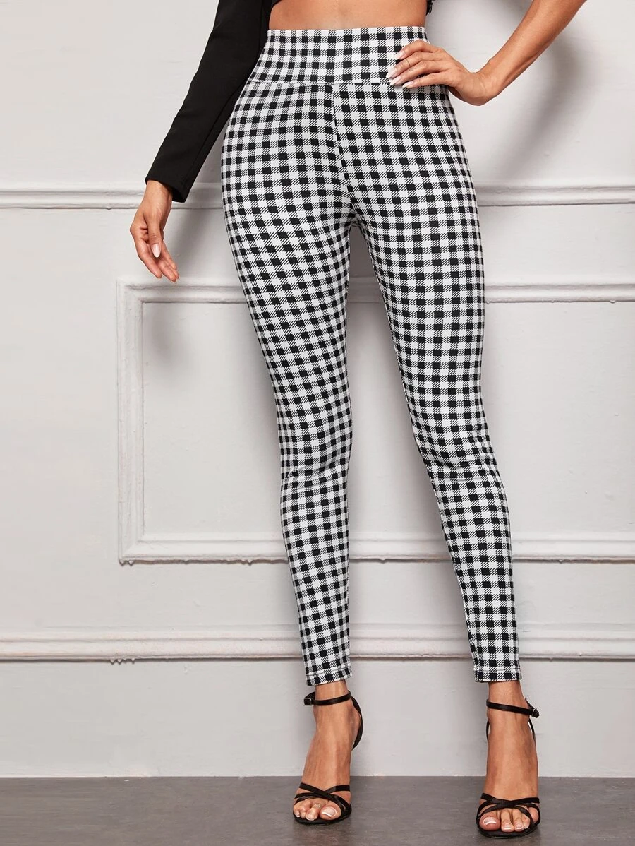SHEIN Gingham High-Rise Skinny Pants - Black and White - View 1