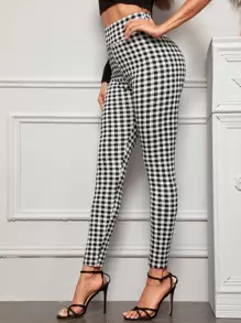 SHEIN Gingham High-Rise Skinny Pants - Black and White - View 4