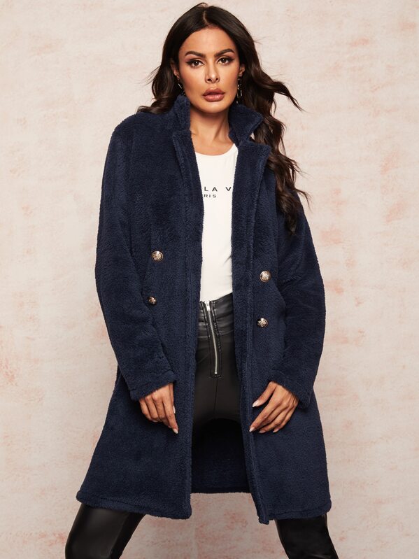 

Lapel Neck Double Button Teddy Coat, Navy, Andy