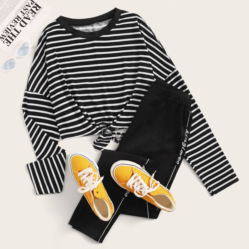 

Knot Hem Stripe Tee & Letter Graphic Sweatpants, Black