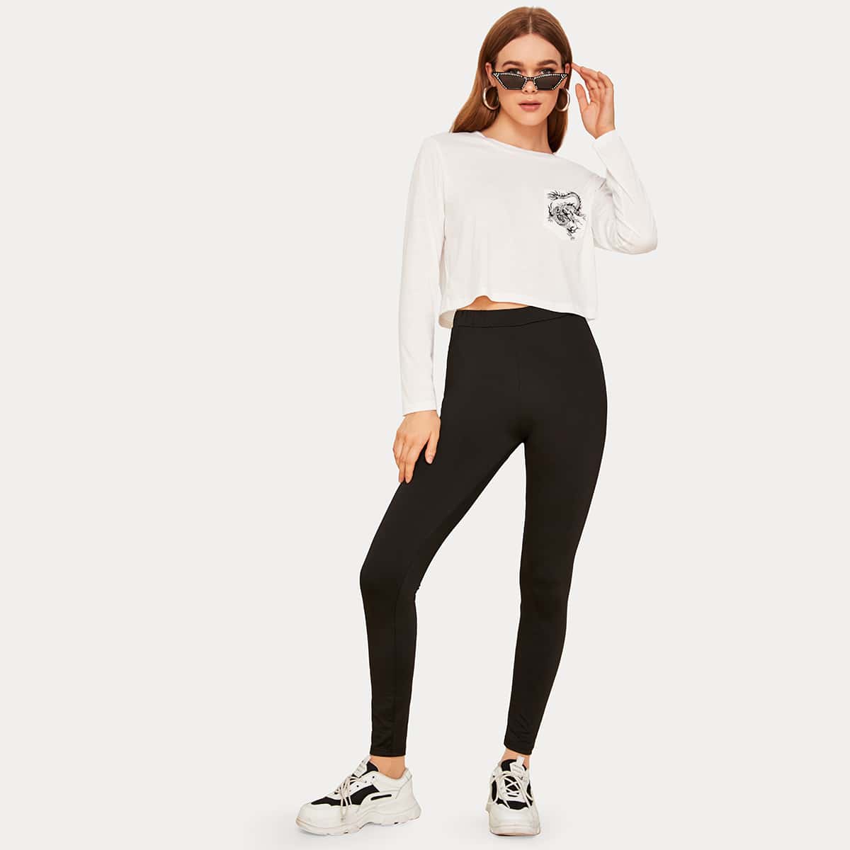 

Dragon Print Crop Tee & Leggings, Black and white