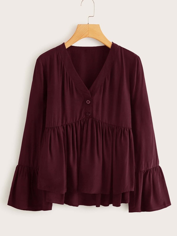 

Dip Hem Flounce Sleeve Peplum Blouse, Burgundy