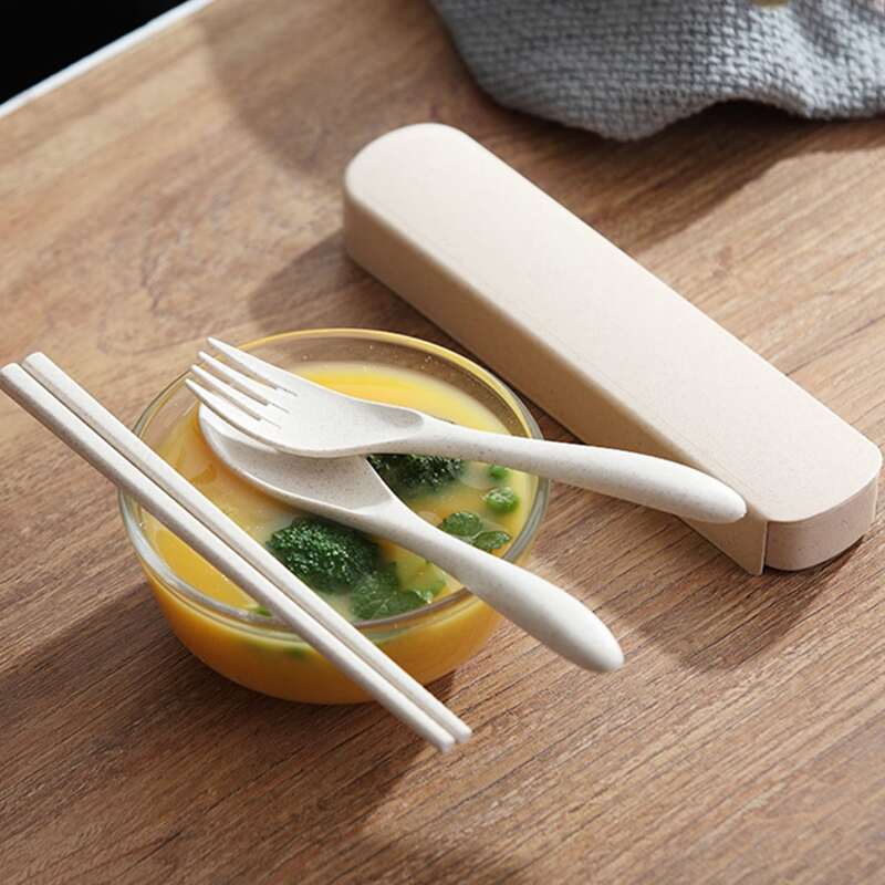 

1set Portable Wheat Straw Cutlery Set With Case