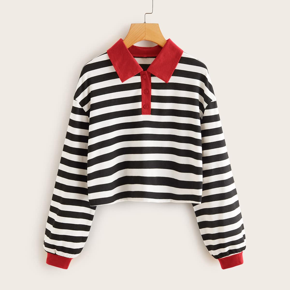 

Striped Contrast Collar Half Button Crop Tee, Black and white