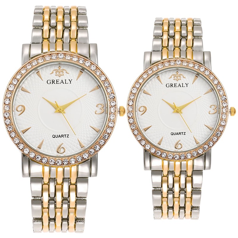 

2pcs Rhinestone Decor Two Tone Band Couple Watch