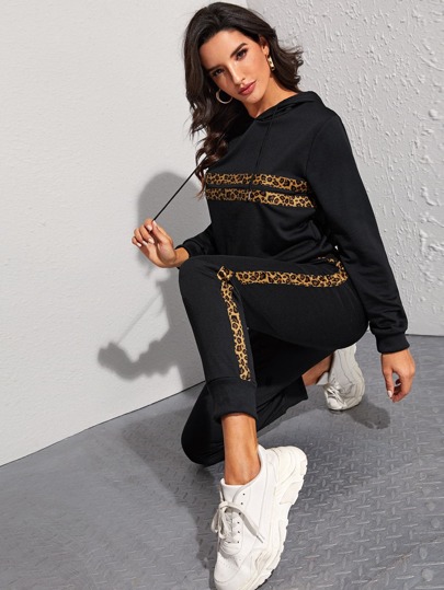 Contrast Leopard Drawstring Hoodie With Sweatpants