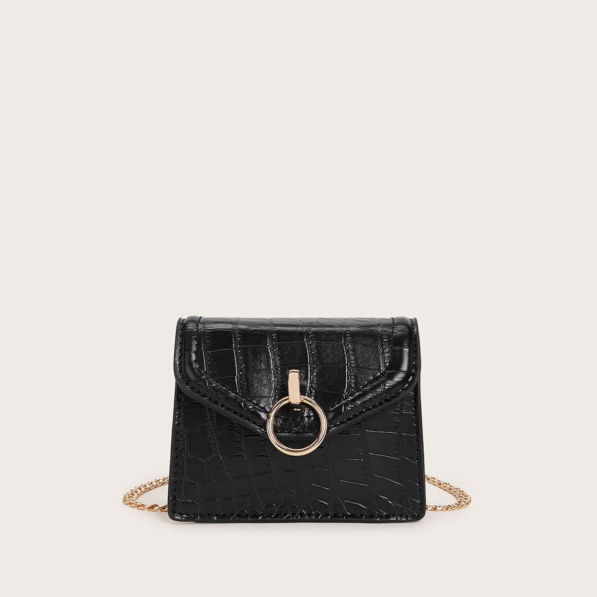 

Metal Ring Detail Croc Chain Bag, Black