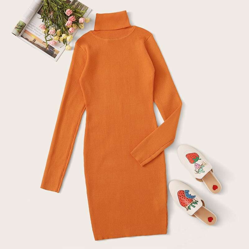 

Turtleneck Rib-knit Pencil Sweater Dress, Orange bright