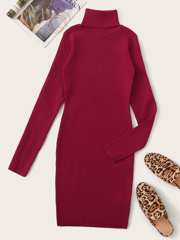

Turtleneck Rib-knit Pencil Sweater Dress, Burgundy