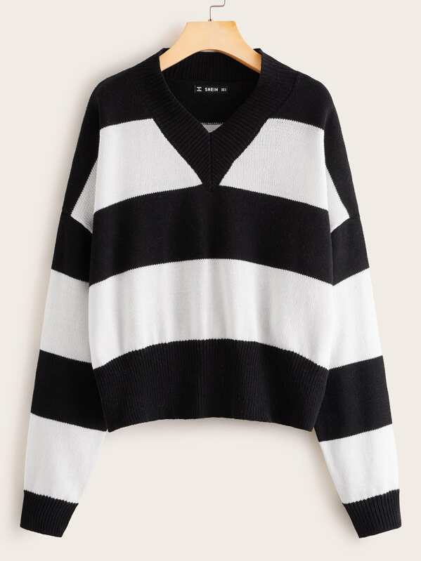 

Drop Shoulder Striped Color Block Jumper, Black and white