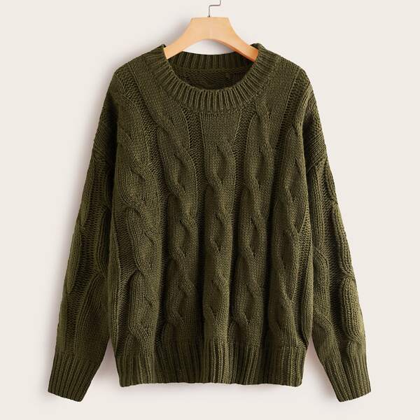 

Drop Shoulder Cable Knit Solid Sweater, Army green