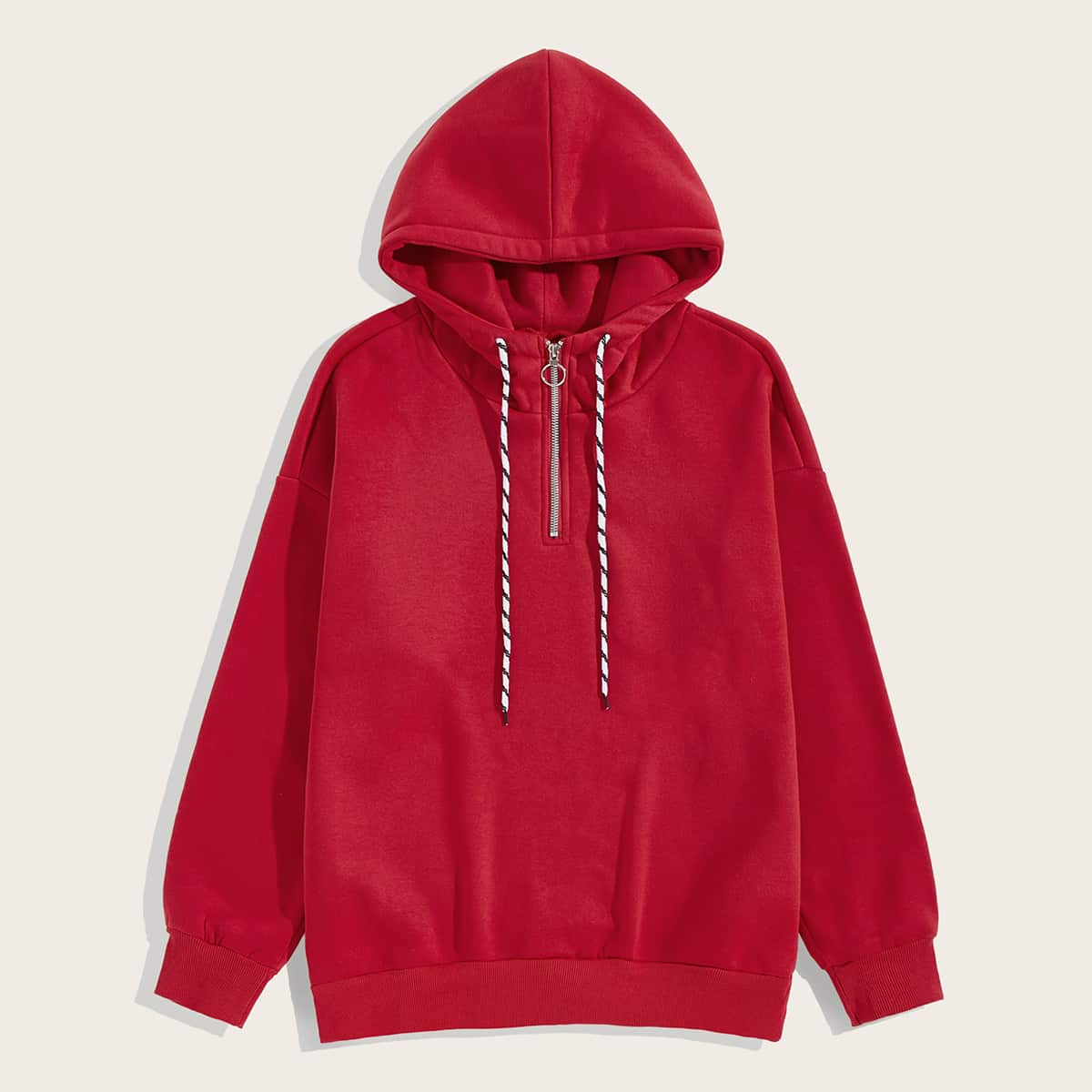 

Guys Solid O-ring Zip Detail Drawstring Hoodie, Red