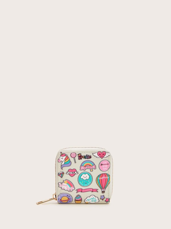 

Cartoon Graphic Zipper Around Wallet, Multicolor