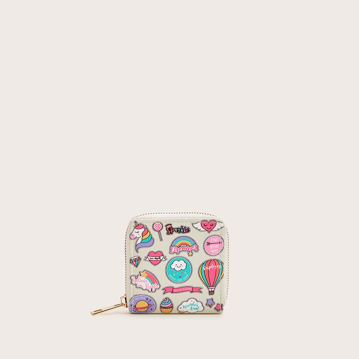 

Cartoon Graphic Zipper Around Wallet, Multicolor