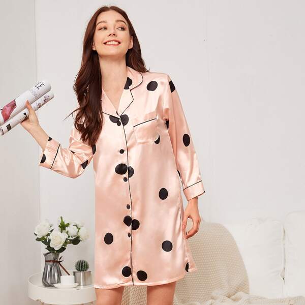 

Polka Dot Button-up Satin Night Dress, Pink