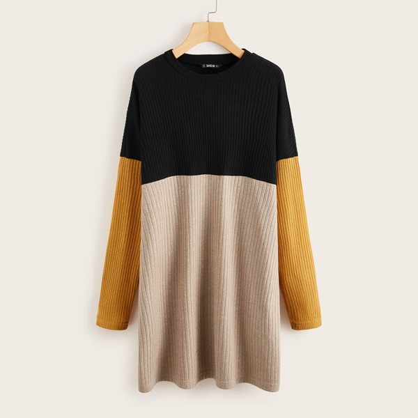 

Colorblock Drop Shoulder Rib-knit Dress, Multicolor