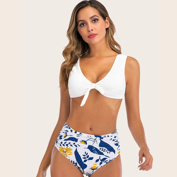 

Rib Knot Front Top With Ruched High Waist Bikini Set, Multicolor
