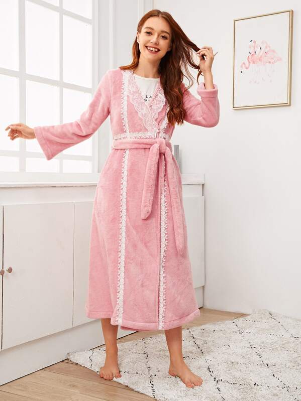 

Contrast Lace Wrap Belted Robe, Pink, Poly