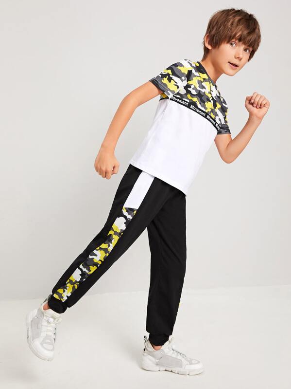 

Boys Letter Tape Camo Panel Top & Sweatpants Set, Multicolor, Bogdan