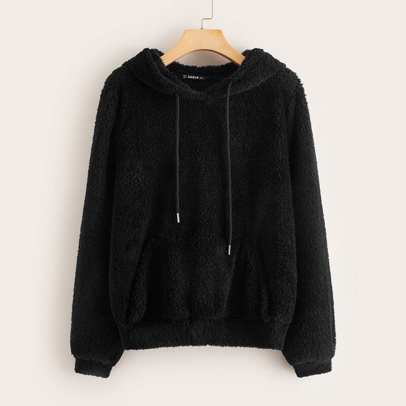 

Drawstring Detail Teddy Hoodie, Black