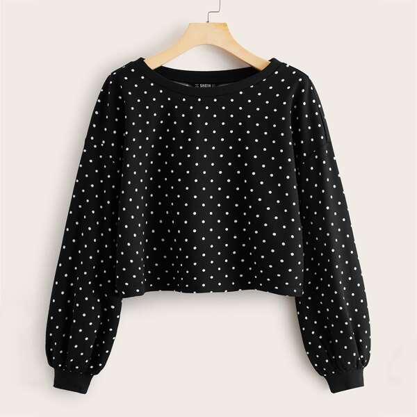

Polka Dot Print Crop Tee, Black