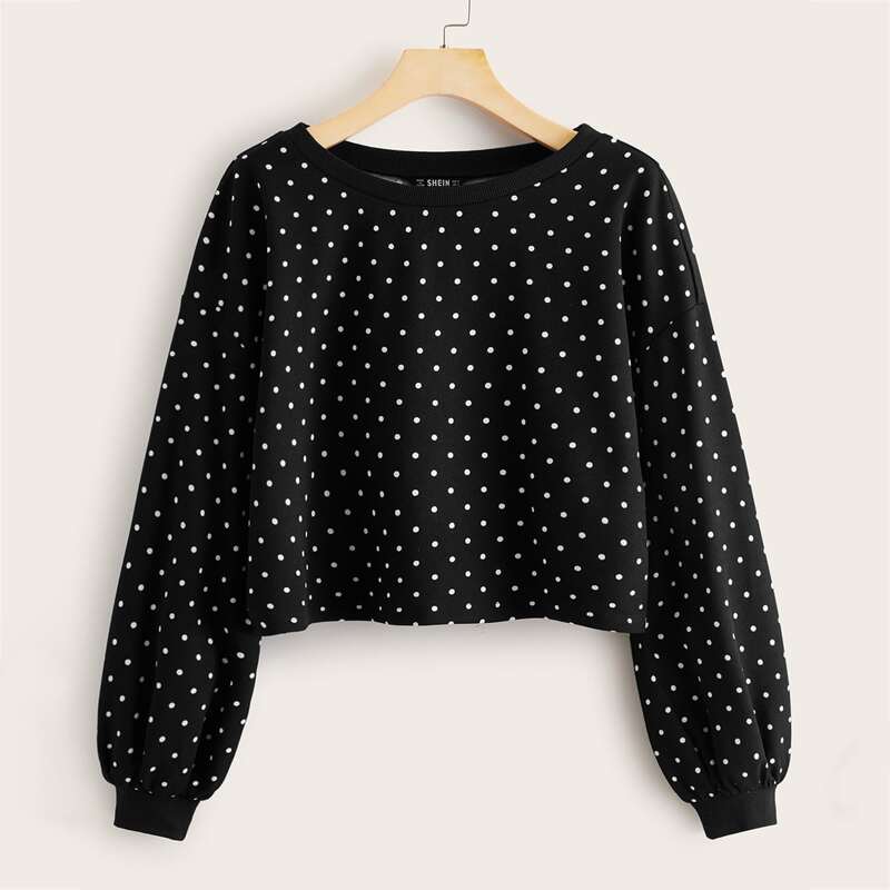 

Polka Dot Print Crop Tee, Black