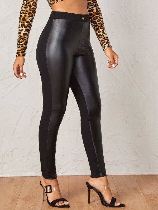 

Buttoned Detail Mixed Media Pants, Black, Tina