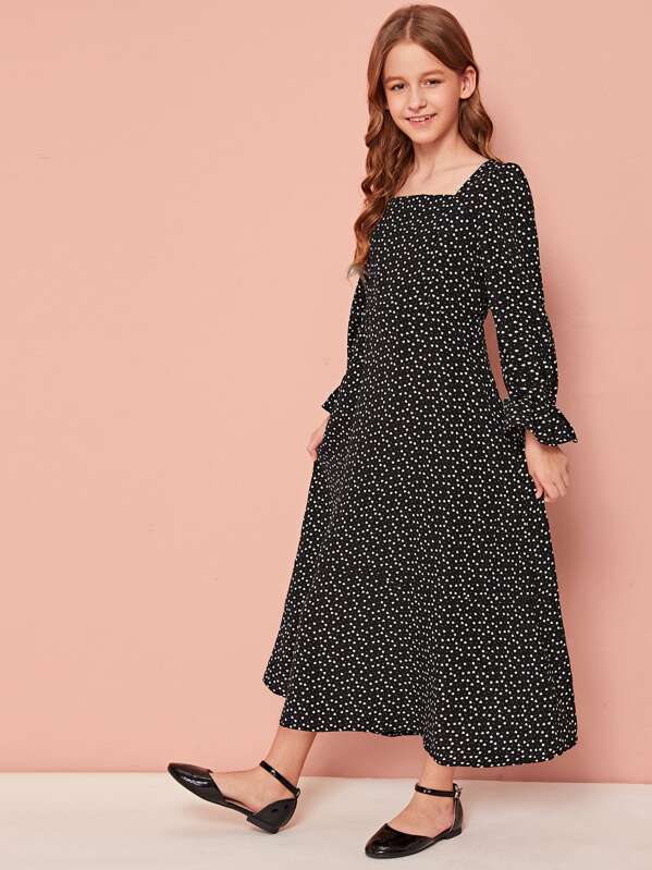 

Girls Confetti Heart Print Square Neck Ruffle Cuff Dress, Black, Sashab