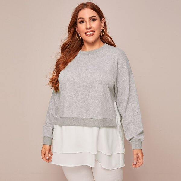 

Plus Drop Shoulder Contrast Layered Hem Pullover, Grey