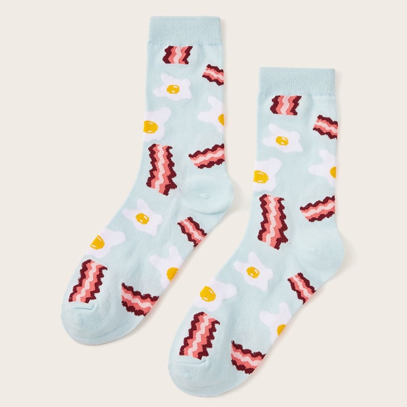 

1pair Bacon & Egg Pattern Socks, Multicolor
