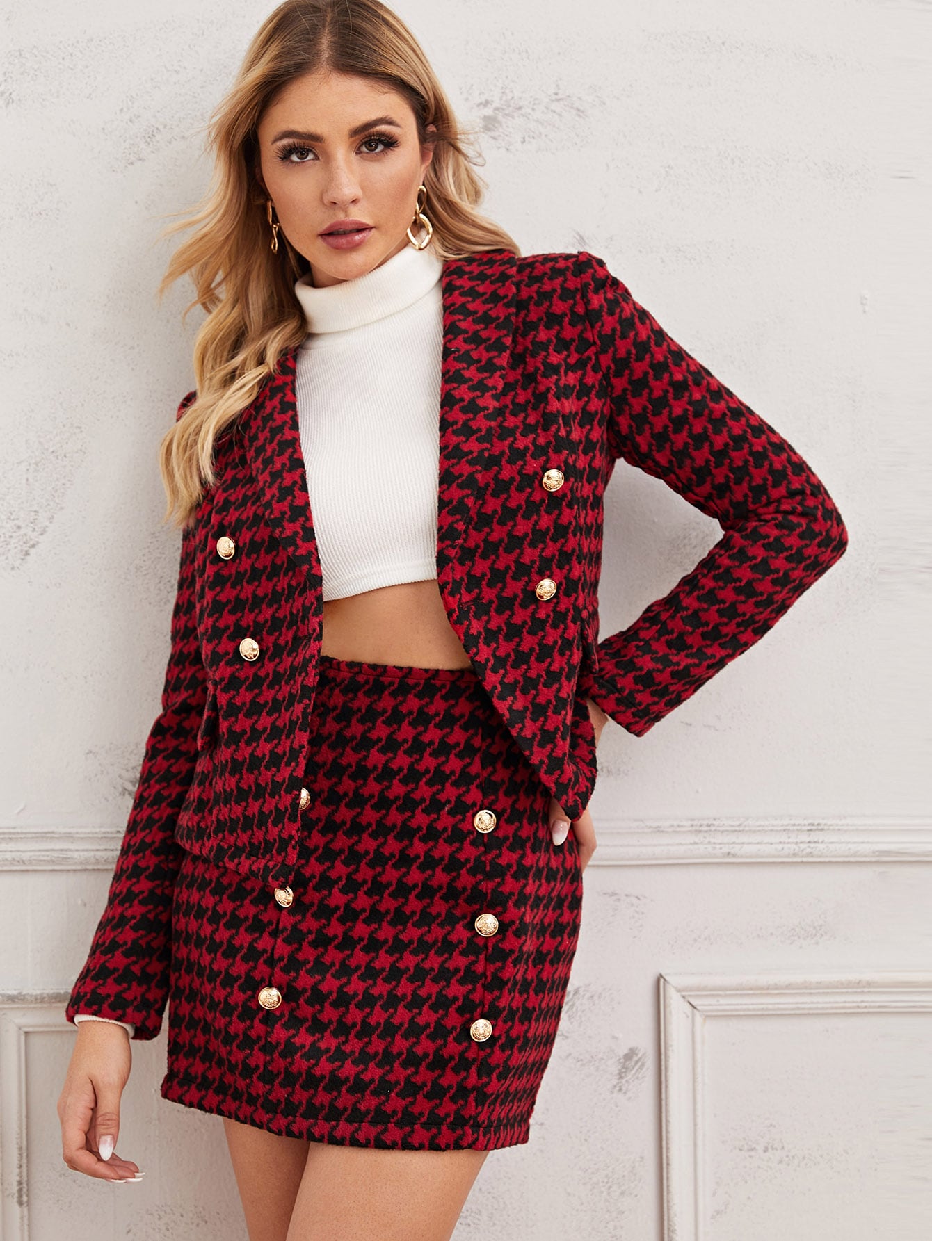 Blazer mit Zweireihig und Rock Set | SHEIN