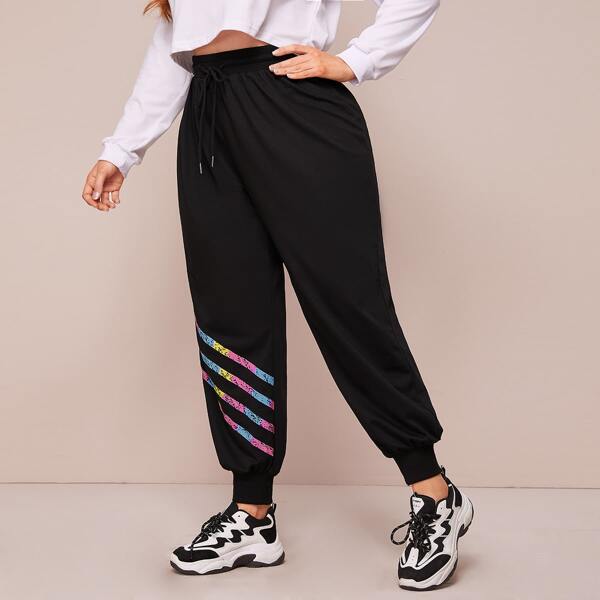 

Plus Drawstring Waist Striped Print Sweatpants, Black