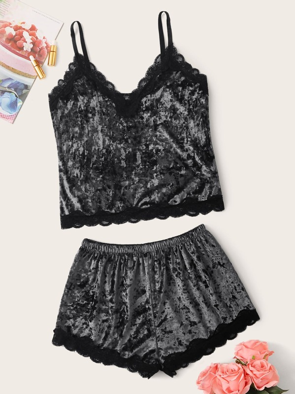 

Lace Trim Velvet Cami PJ Set, Grey