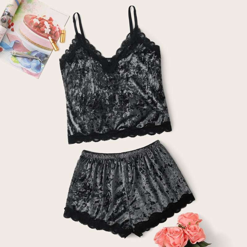 

Lace Trim Velvet Cami PJ Set, Grey