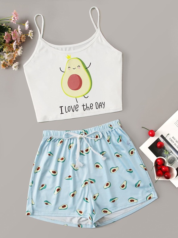 

Letter & Cartoon Avocado Print Cami PJ Set, Multicolor