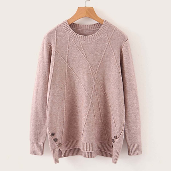 

Ribbed Knit Trim Split Sweater, Pink
