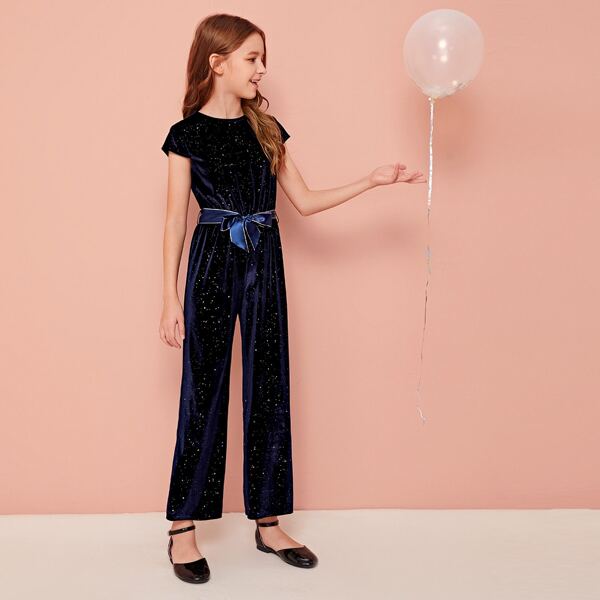 

Girls Zip Back Belted Sequin Detail Velvet Jumpsuit, Navy