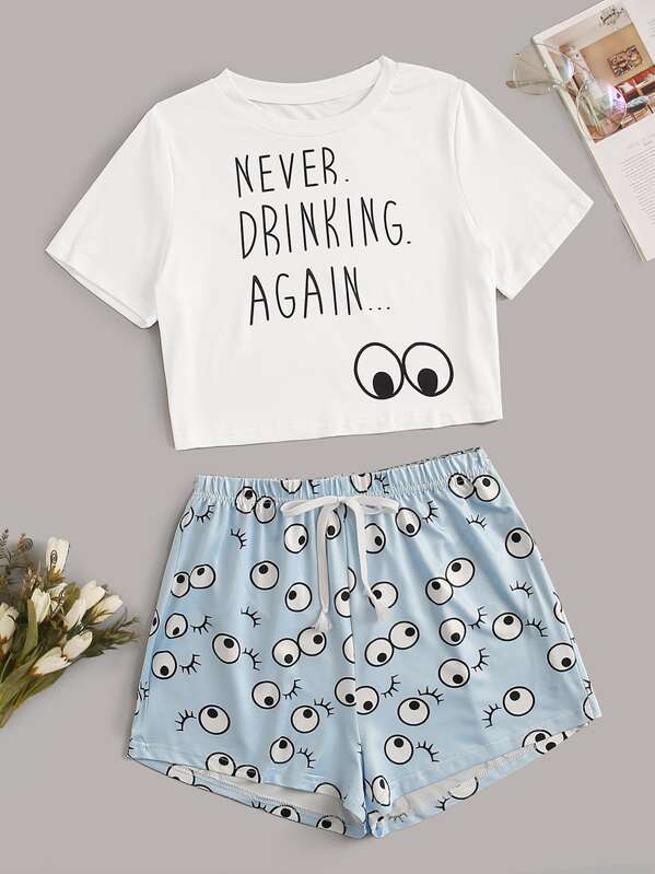 Letter & Graphic Print PJ Set, Multicolor
