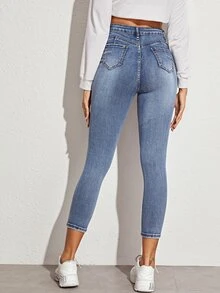 Cropped Solid Skinny Jeans - Blue - View 2