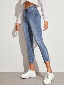 Cropped Solid Skinny Jeans - Blue - View 3