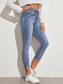 Cropped Solid Skinny Jeans - Blue - View 4