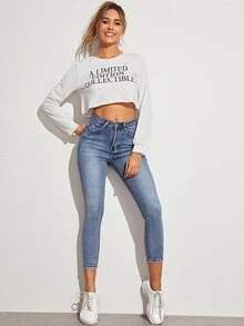 Cropped Solid Skinny Jeans - Blue - View 5
