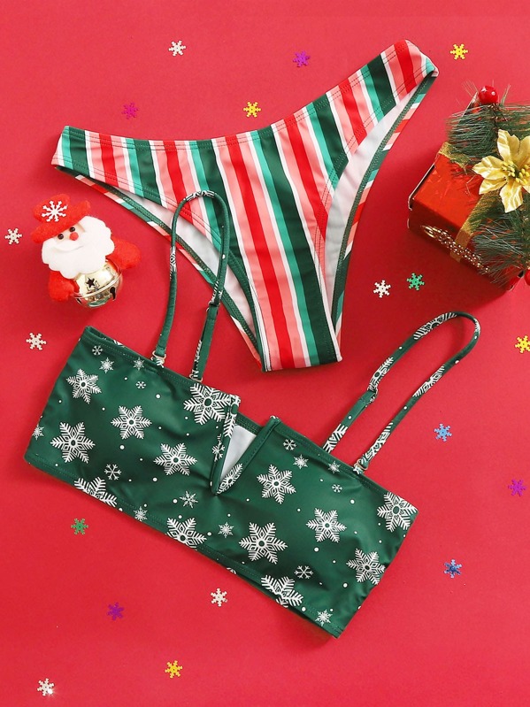 

Christmas Snowflake Print Top With Striped Bikini Set, Multicolor